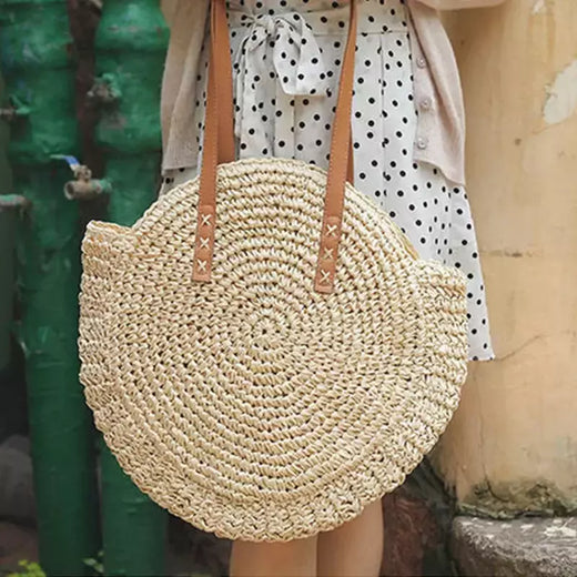 Bolsa de ombro redonda de palha de verão, bolsa de mão feminina de grande capacidade, artesanal, bolsas de praia de vime da moda, bolsa de mão, férias