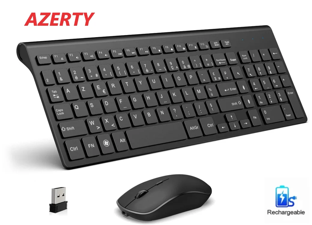 Combo de teclado e mouse sem fio, 2.4G recarregável AZERTY Keyboard Set, ergonômico para computador, Mac, PC, laptop, TV
