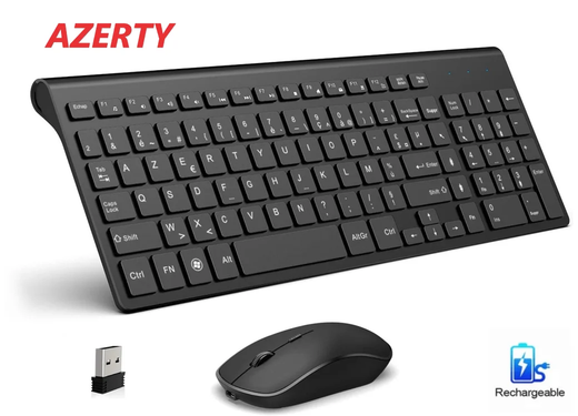 Combo de teclado e mouse sem fio, 2.4G recarregável AZERTY Keyboard Set, ergonômico para computador, Mac, PC, laptop, TV