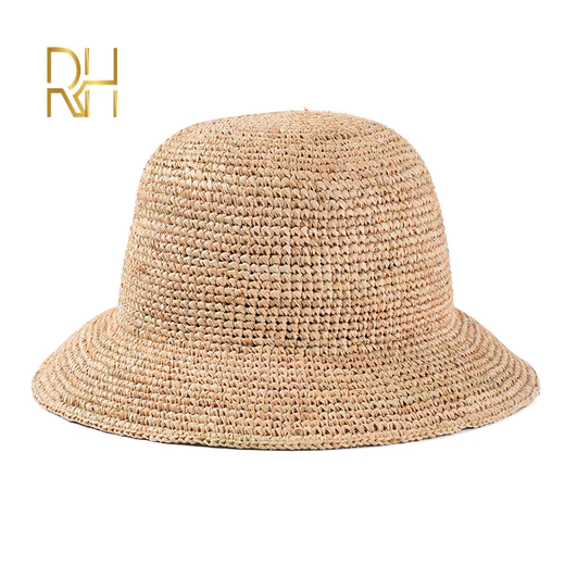 Natural Raffia Straw Bucket Hat para senhoras, crochê artesanal, Floppy Fisherman Caps, primavera, verão, praia