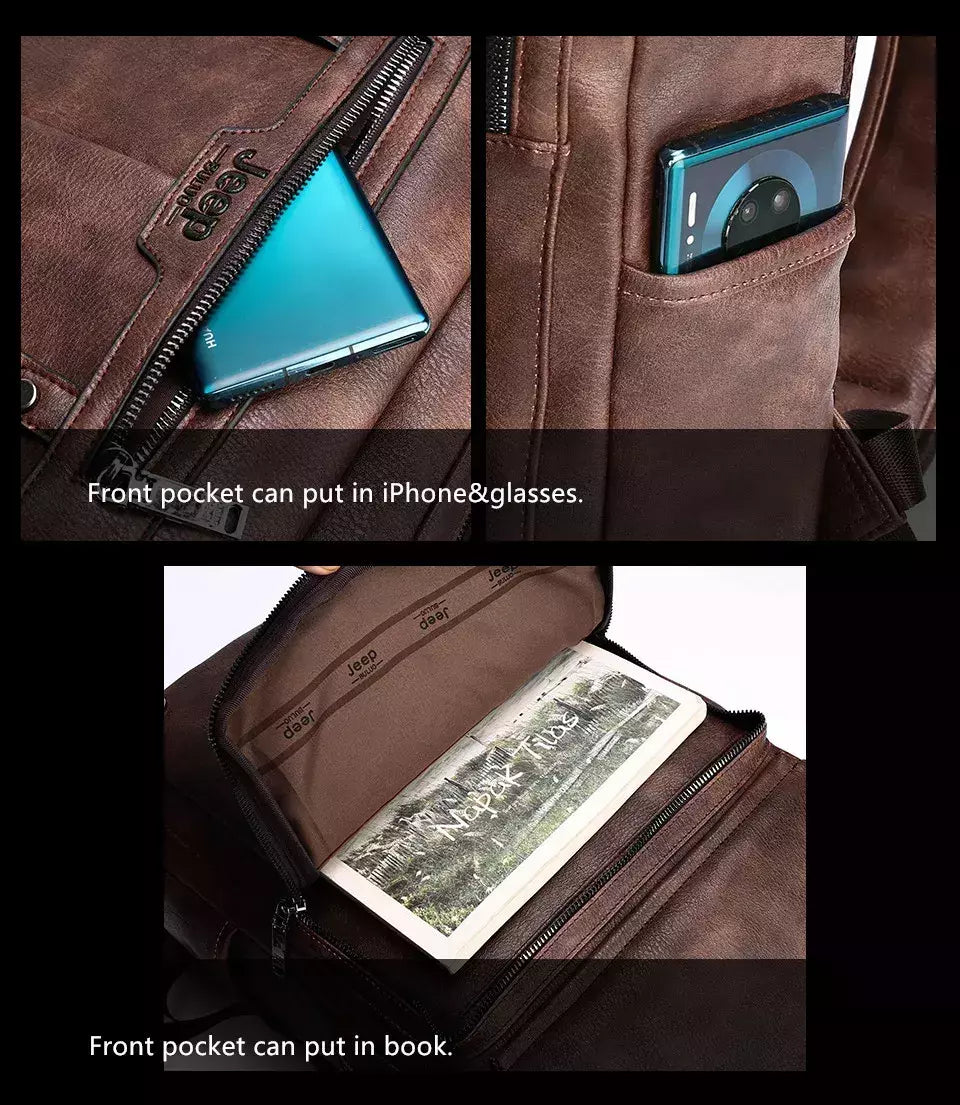 JEEP BULUO-Bolsa Masculina Casual para Laptop, Mochila de Couro Dividido, Bolsa para Computador, Alta Capacidade, Nova Tendência