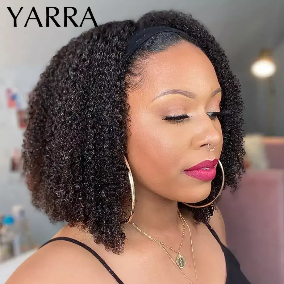Afro kinky encaracolado cabelo humano bandana perucas para preto feminino 180% densidade cabelo humano brasileiro remy máquina completa feita cabelo yara