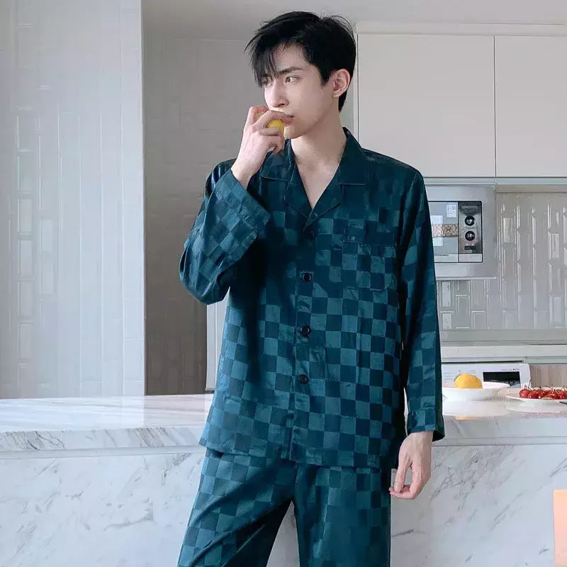 Conjuntos de pijama masculino de cetim de seda manga comprida, pijamas masculinos, camisola estampada, Casa, Soft Cozy Sleepwear Calças, Novo
