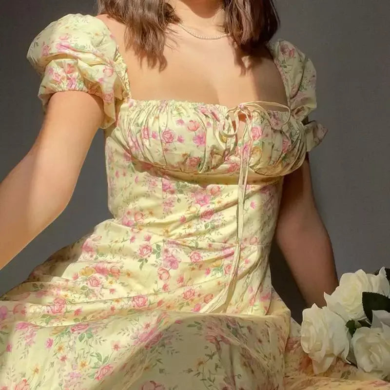 Feminino floral impressão split vestido doce puff manga curta gola quadrada fino ajuste maxi vestido de férias verão casual sexy a linha vestido