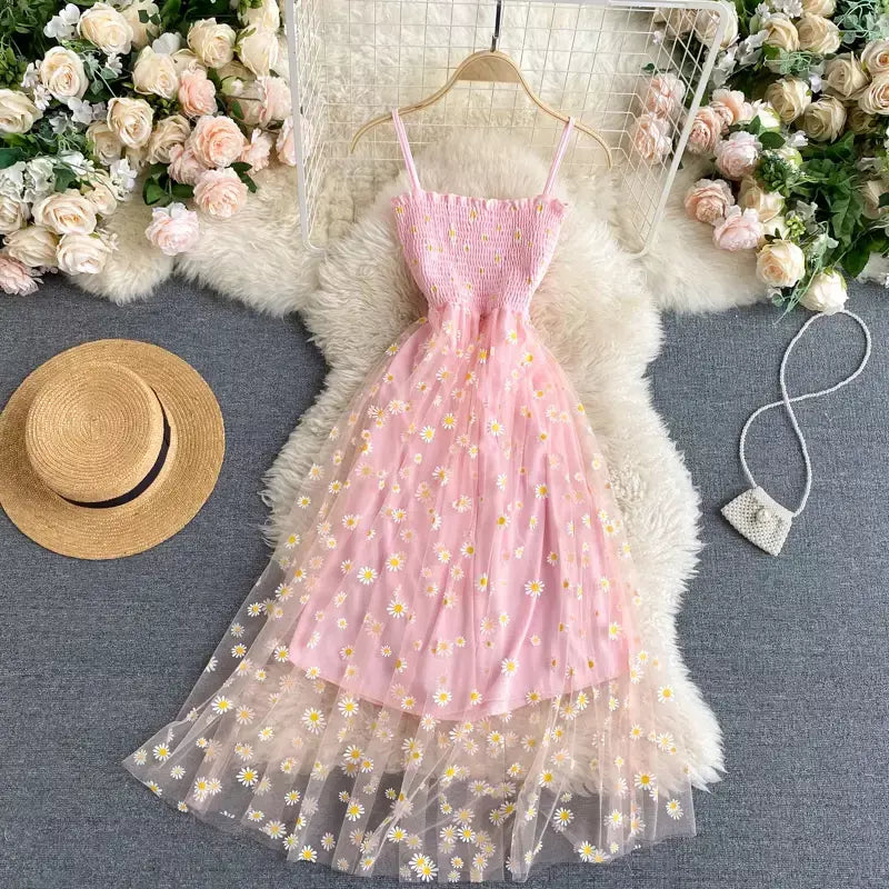 Yuoomuoo moda coreana margarida flor impressão malha vestido de festa verão duas camadas cinta espaguete férias midi vestido praia vestidos