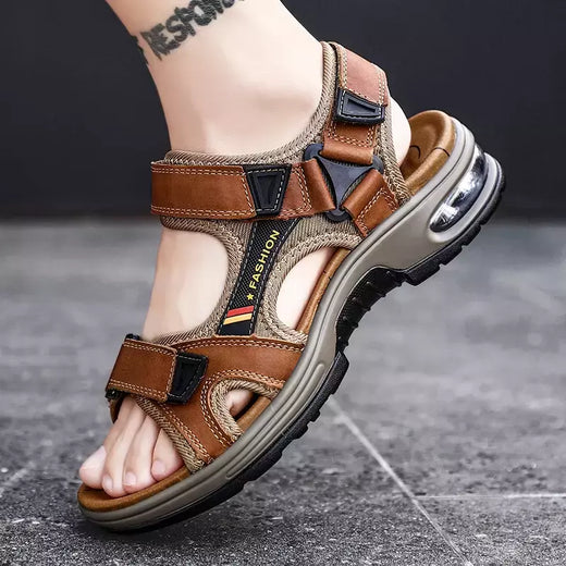 Sandálias masculinas de verão de couro genuíno, chinelos masculinos, gladiador, praia, macio, confortável, ao ar livre, sapatos vadeando, marca, 38-46