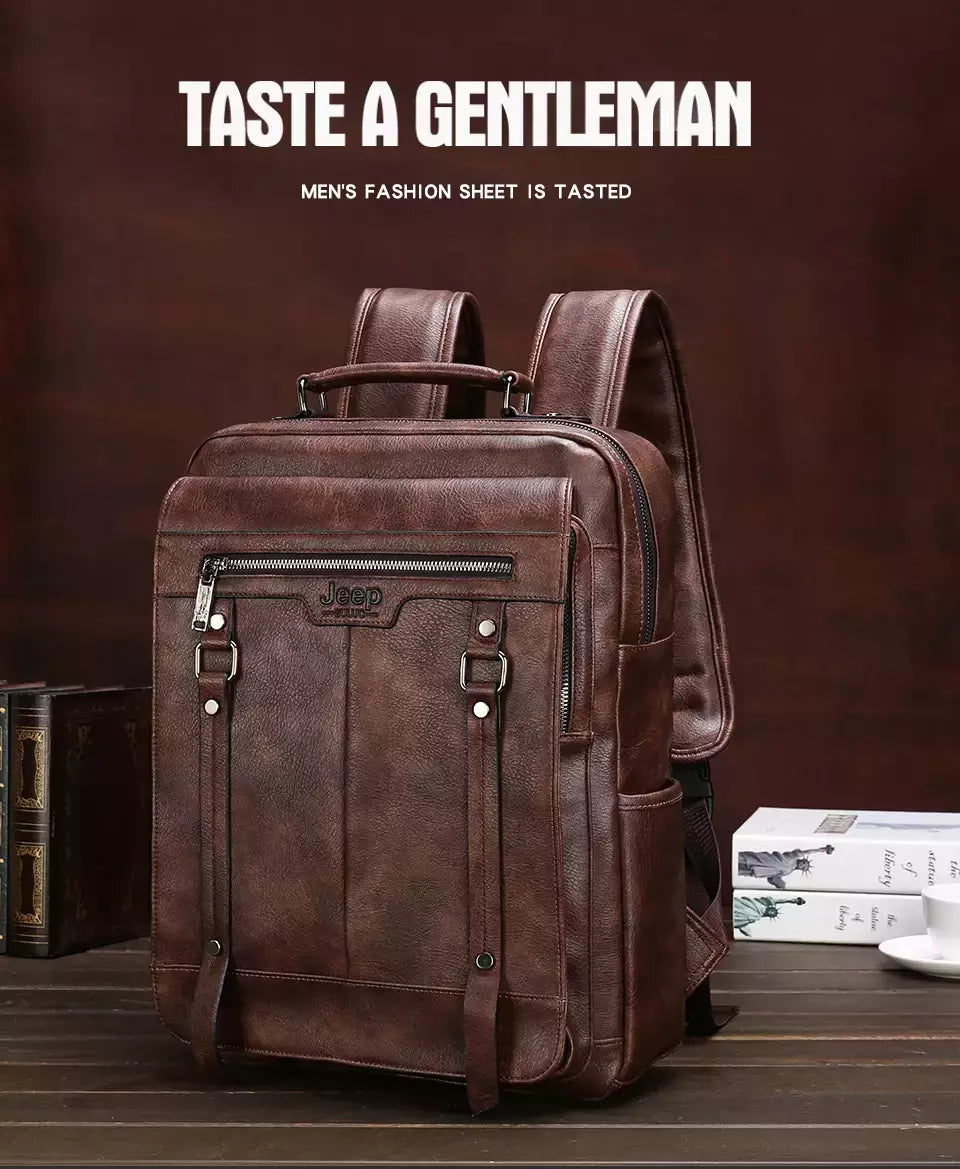 JEEP BULUO-Bolsa Masculina Casual para Laptop, Mochila de Couro Dividido, Bolsa para Computador, Alta Capacidade, Nova Tendência
