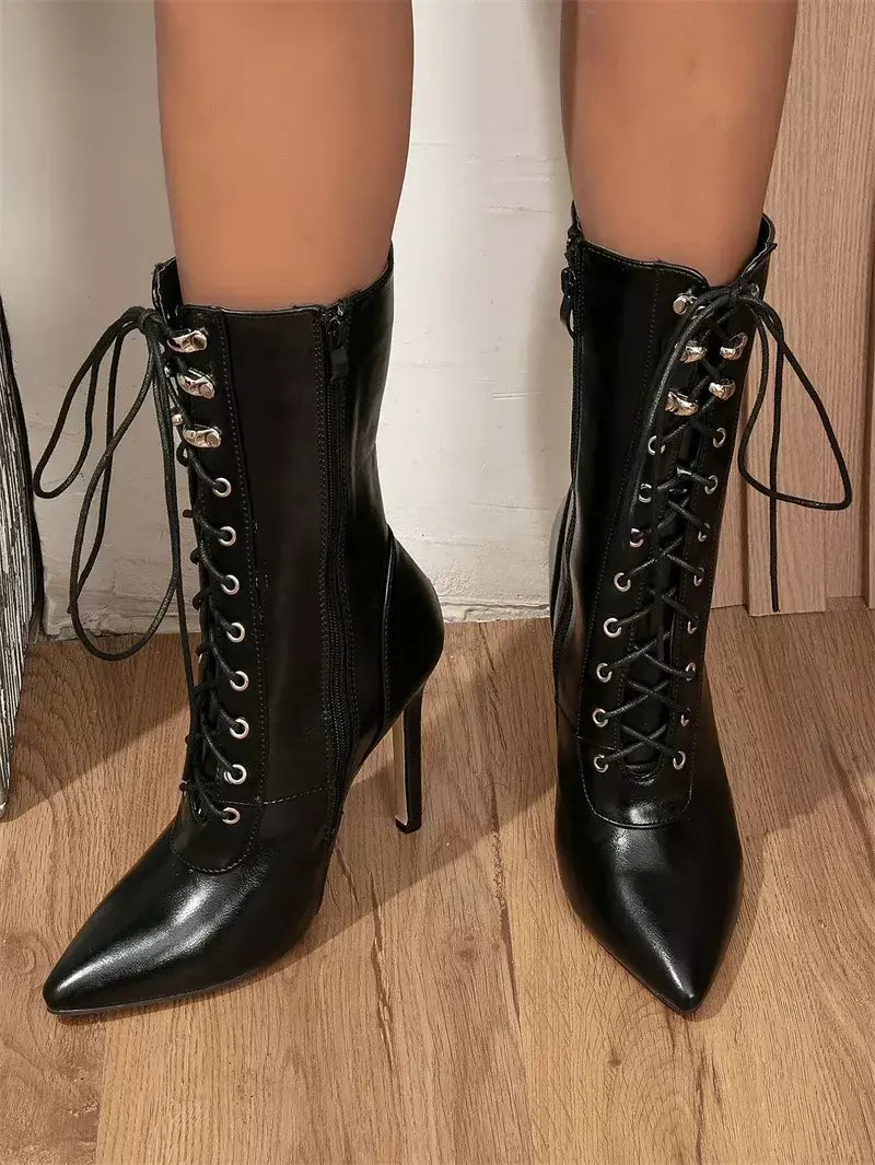 Outono inverno mulheres botas de tornozelo sexy apontou toe pólo dança salto alto bombas moda zip rendas chelsea sapatos femininos tamanho 35-43
