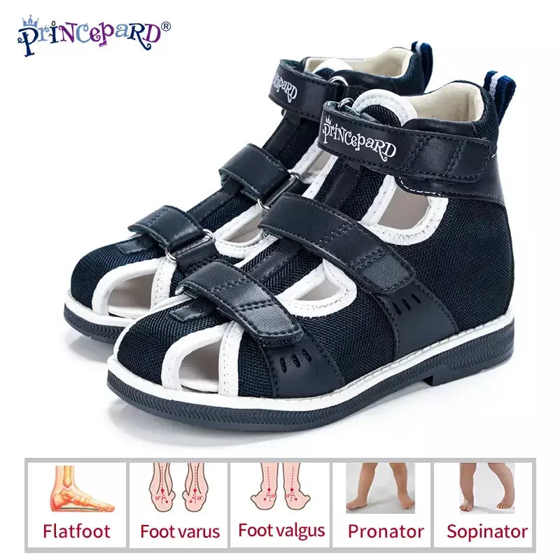 Princepard primavera verão crianças sandálias ortopédicas novo dedo do pé fechado couro arco apoio correção sapatos da criança meninas meninos