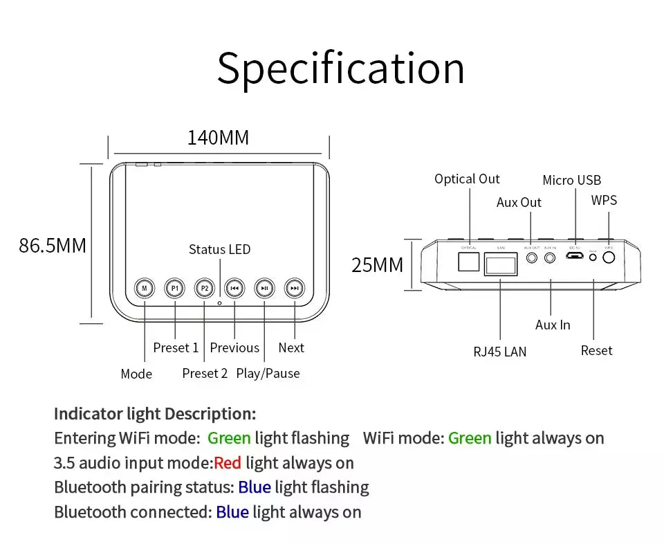 Receptor de áudio sem fio, wi-fi, para airplay, spotify, dlna, nas, stream de som, bluetooth 5.0, adaptador óptico de caixa de música, wr320