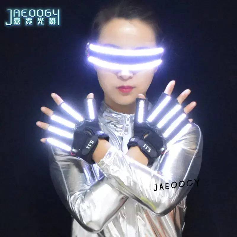 LED luvas brilhantes com show fluorescente, personalidade criativa, Dia das Bruxas, Natal, palco, DJ Singer, realizando, personalidade