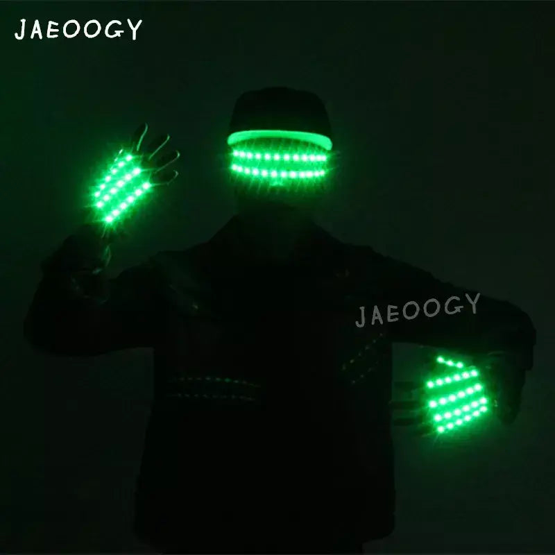 LED luvas brilhantes com show fluorescente, personalidade criativa, Dia das Bruxas, Natal, palco, DJ Singer, realizando, personalidade