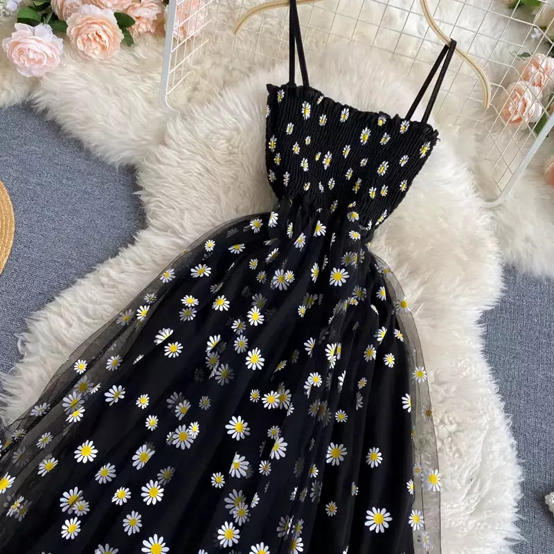 Yuoomuoo moda coreana margarida flor impressão malha vestido de festa verão duas camadas cinta espaguete férias midi vestido praia vestidos