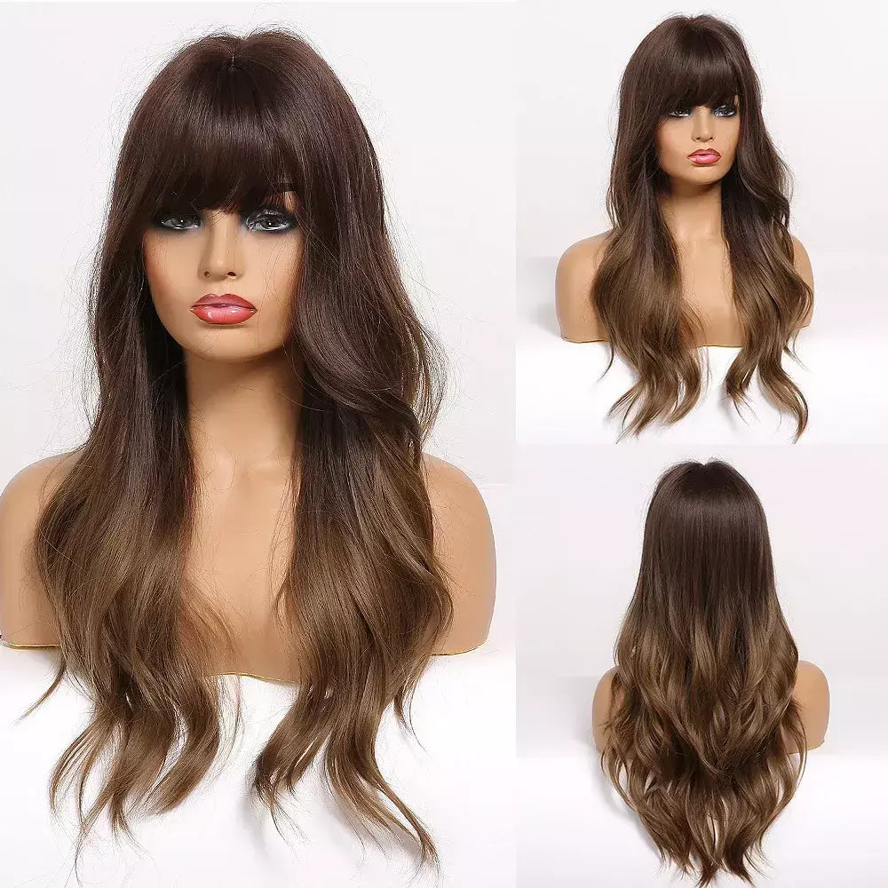 Louis ferre longo ombre loira perucas sintéticas com franja para mulheres onda natural penteado fibra resistente ao calor cosplay perucas marrons