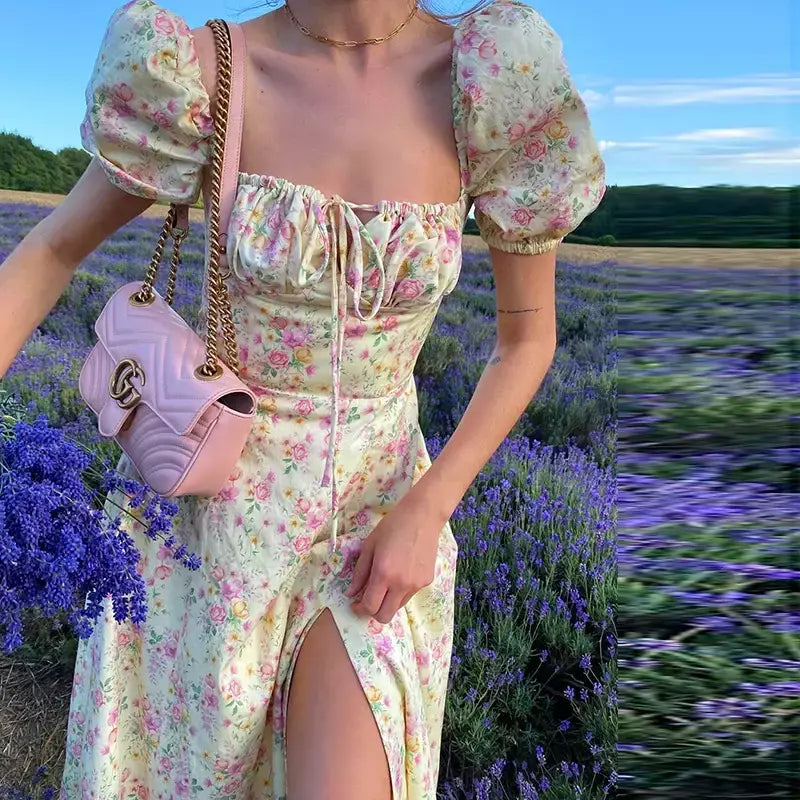 Feminino floral impressão split vestido doce puff manga curta gola quadrada fino ajuste maxi vestido de férias verão casual sexy a linha vestido