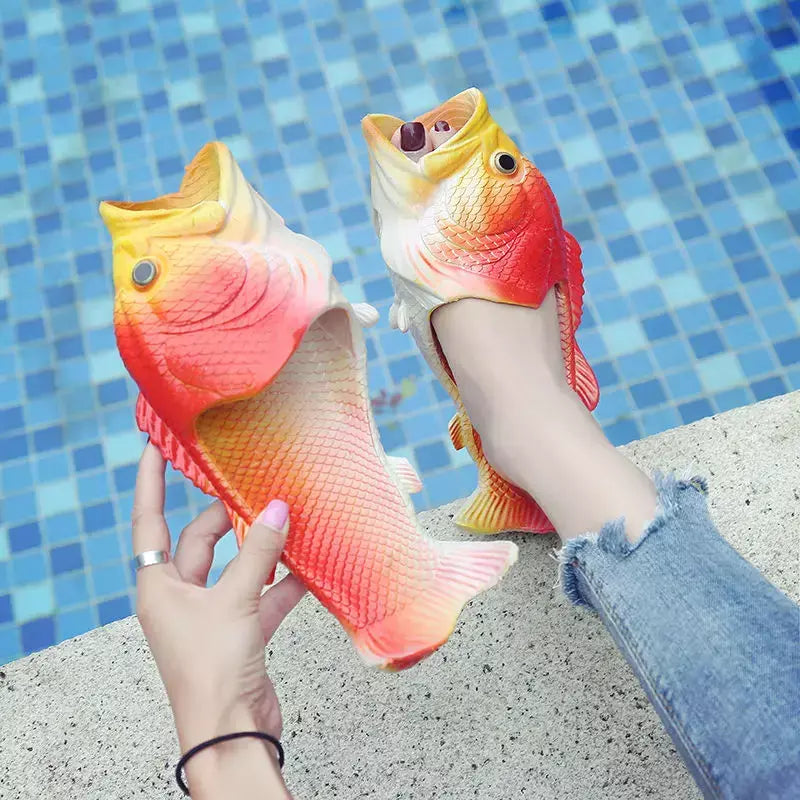 Família engraçado sapatos de peixe chinelos femininos tamanho grande 32-47 alta qualidade pvc meninas sapatos de verão chinelos de praia mulher slides