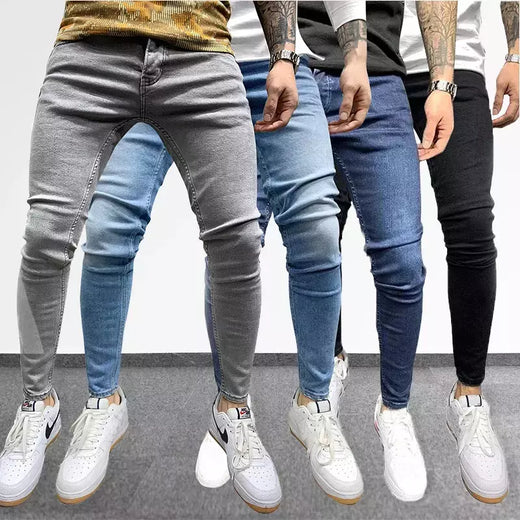 Cinza cor pura jeans homens cintura elástica calças de brim magros 2021 estiramento sem rasgado calças streetwear preto dos homens denim