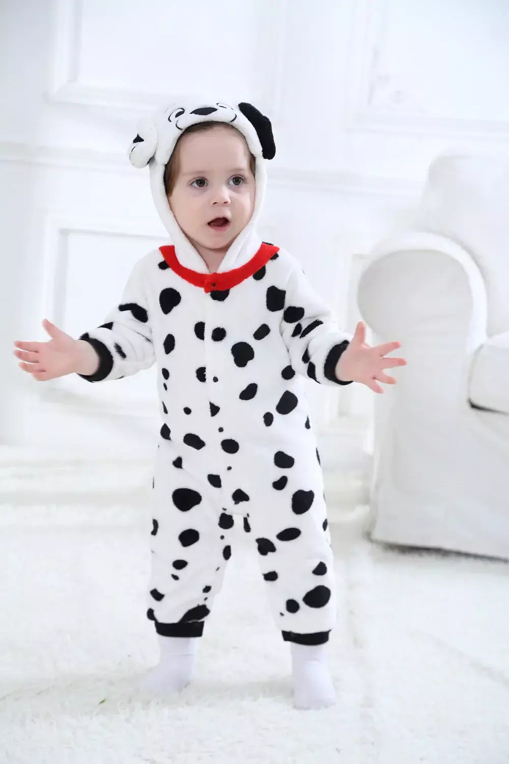 Umorden bebê dálmatas manchado cão traje kigurumi dos desenhos animados animal macacão infantil da criança macacão flanela halloween fantasia vestido