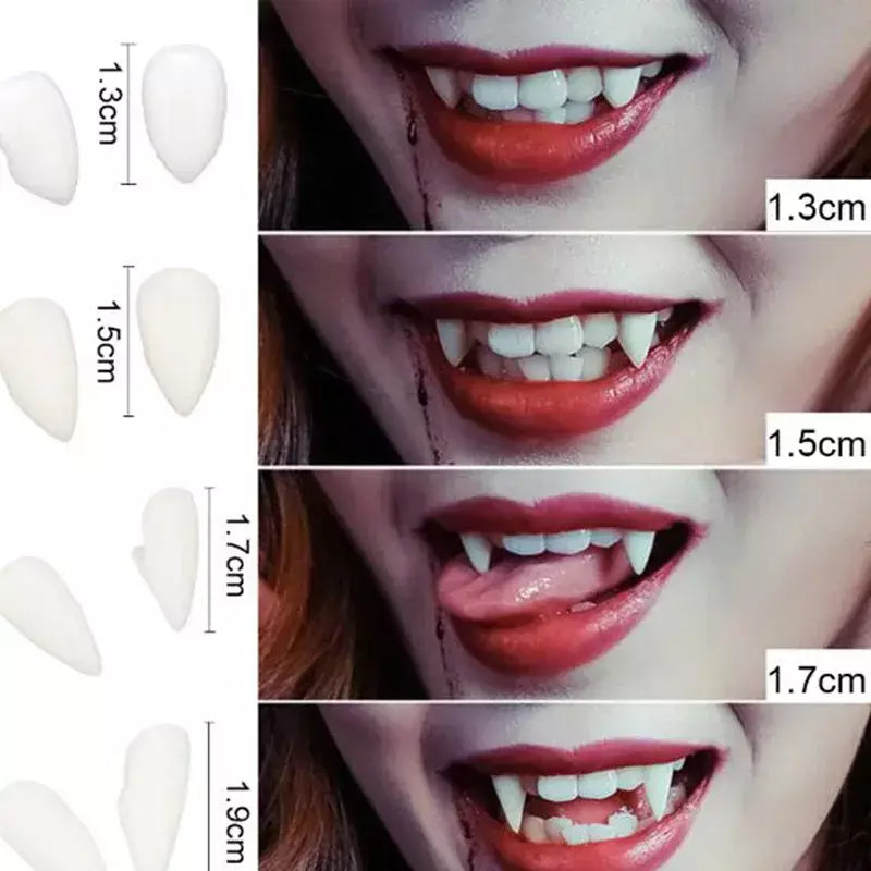 1 par de dentes de vampiro, presas, adereços para dentaduras, fantasia de halloween, dentes falsos, cola sólida, adesivo para dentadura, decoração de festa de halloween