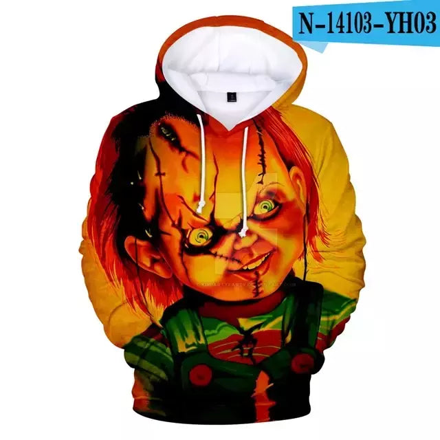 Chucky-Homens 3D Full-Print Hoodies Filme de Terror, moletom Hoodie, Traje Cosplay, Streetwear, Unisex, Nova Moda, 2024