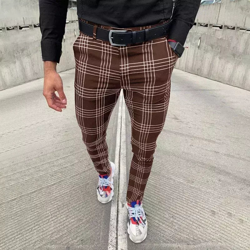 Calça xadrez casual masculina, calça stretch social, cintura média, magro, escritório de negócios, trabalhando, festa, terno masculino, outono, verão