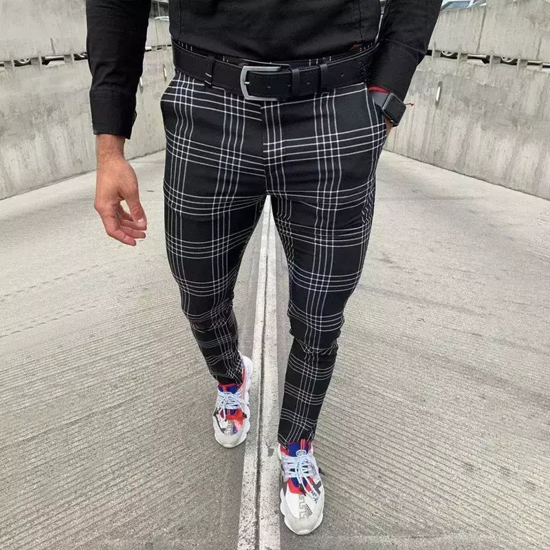 Calça xadrez casual masculina, calça stretch social, cintura média, magro, escritório de negócios, trabalhando, festa, terno masculino, outono, verão