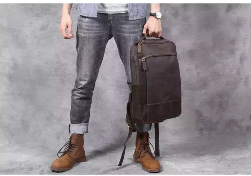 Mochila de couro genuíno para homens, cavalo louco vintage mochila para laptop grande mochila diária mochila de viagem mochila para caminhadas
