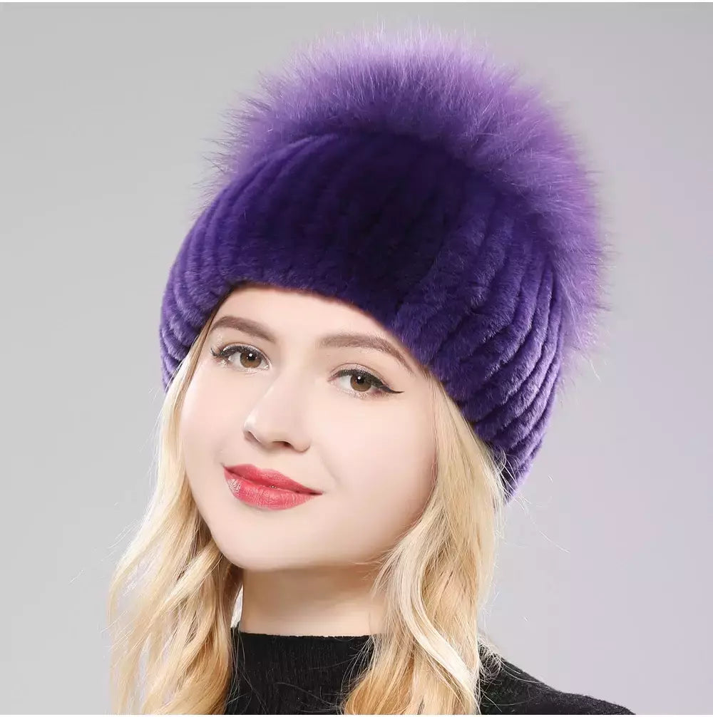 Real Genuine Fox Fur Gorros Chapéu para Mulheres, Pele de Coelho Rex Natural Boné de Caveira, Chapéus de malha para meninas, inverno, estilo russo, novo