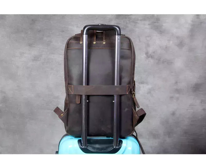 Mochila de couro genuíno para homens, cavalo louco vintage mochila para laptop grande mochila diária mochila de viagem mochila para caminhadas