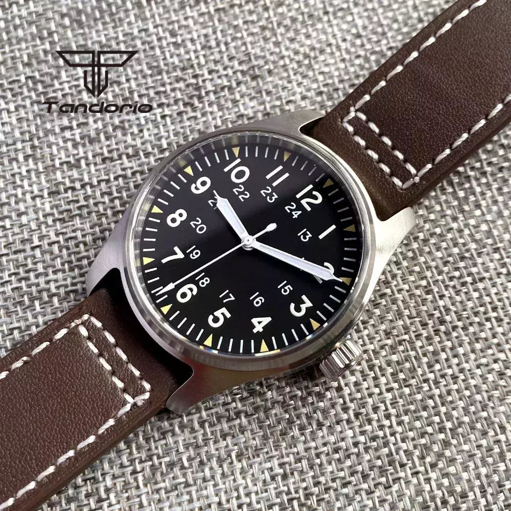 Relógios piloto de mergulho automático Tandorio para homens, vidro safira, mostrador luminoso verde, pulseira de couro, coroa de parafuso, NH35A, 20Bar, 39mm