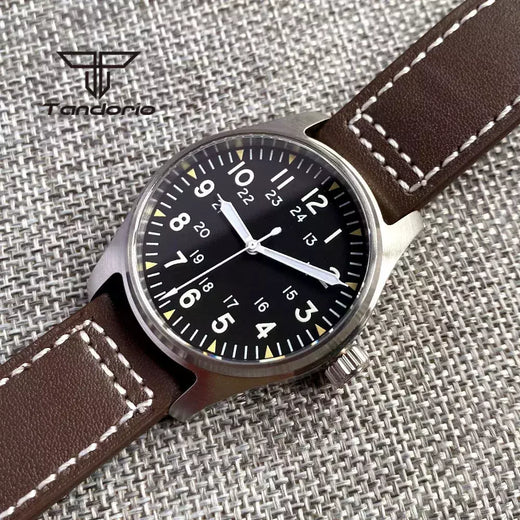 Relógios piloto de mergulho automático Tandorio para homens, vidro safira, mostrador luminoso verde, pulseira de couro, coroa de parafuso, NH35A, 20Bar, 39mm