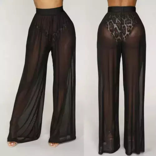 Mulheres Ver Através Boho Perna Larga Calças de Cintura Alta, Praia Longa Solta Malha Calças Pura, Bikini Bottom Cover-Up Beachwear