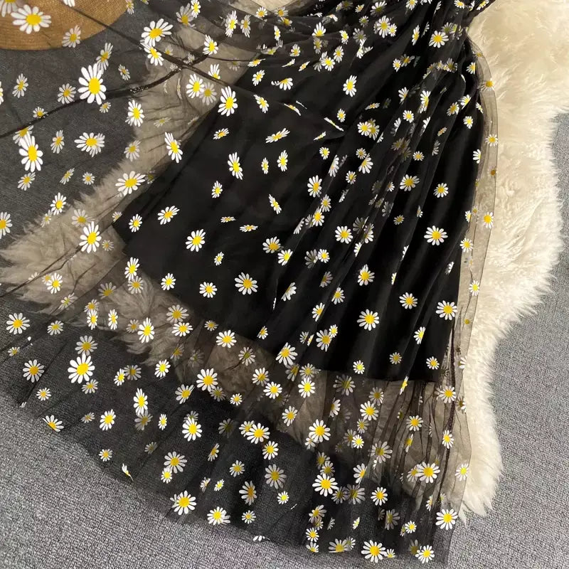 Yuoomuoo moda coreana margarida flor impressão malha vestido de festa verão duas camadas cinta espaguete férias midi vestido praia vestidos