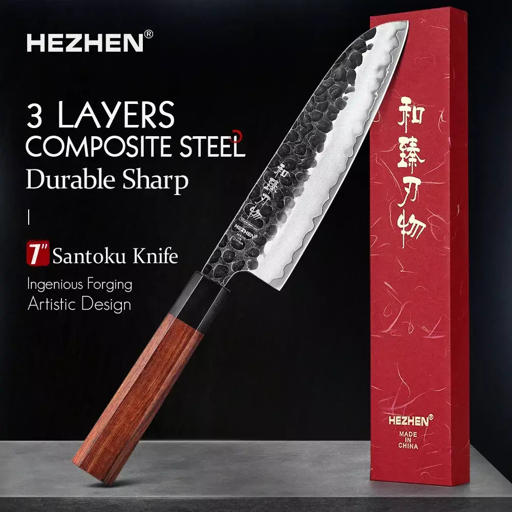Hezhen faca santoku de 7 polegadas, aço composto de três camadas, facas de cozinha de aço inoxidável, cabo de madeira vermelha com caixa de presente