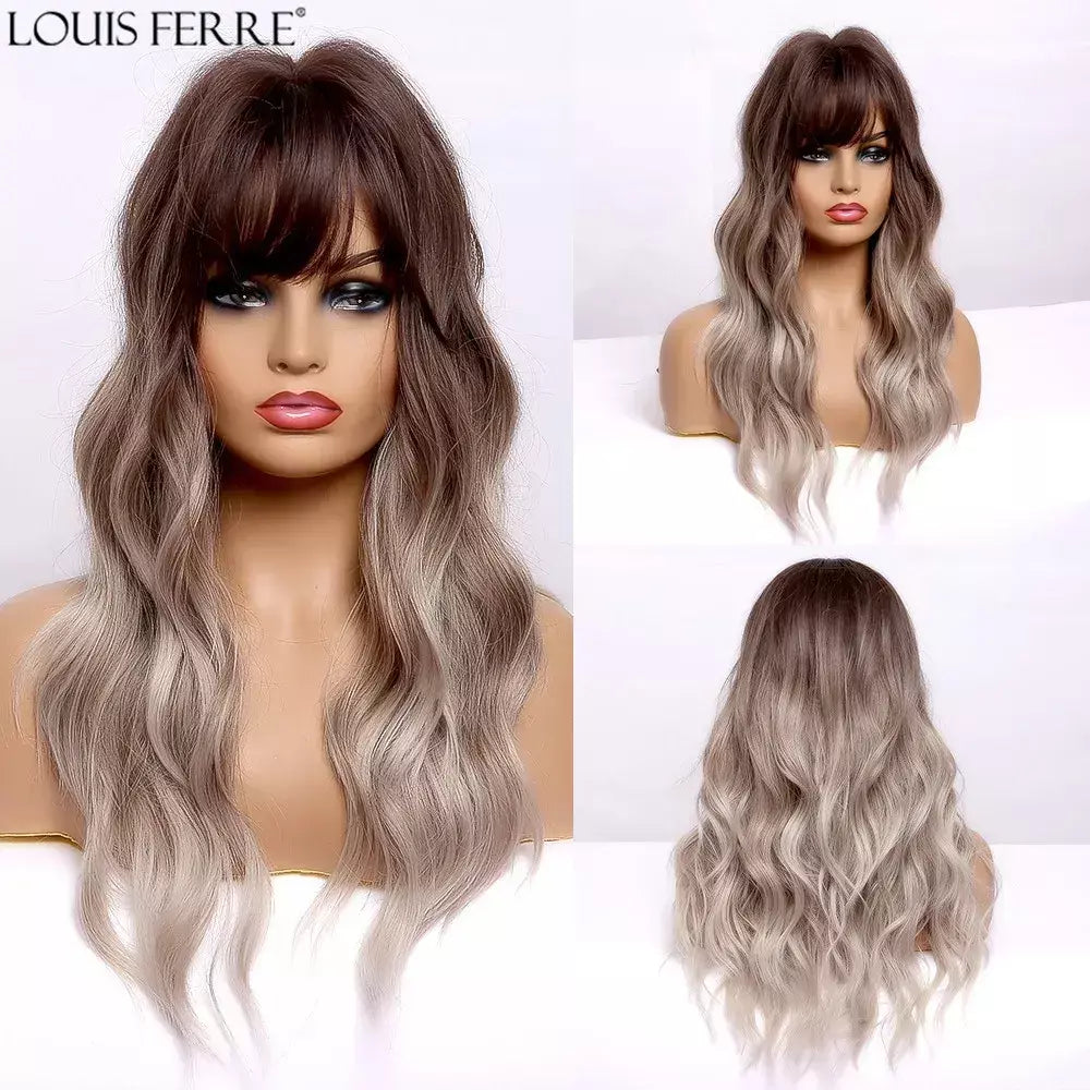 Louis ferre longo ombre loira perucas sintéticas com franja para mulheres onda natural penteado fibra resistente ao calor cosplay perucas marrons