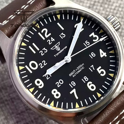 Relógios piloto de mergulho automático Tandorio para homens, vidro safira, mostrador luminoso verde, pulseira de couro, coroa de parafuso, NH35A, 20Bar, 39mm