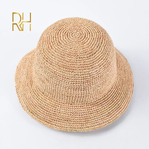Natural Raffia Straw Bucket Hat para senhoras, crochê artesanal, Floppy Fisherman Caps, primavera, verão, praia