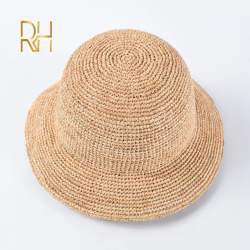 Natural Raffia Straw Bucket Hat para senhoras, crochê artesanal, Floppy Fisherman Caps, primavera, verão, praia