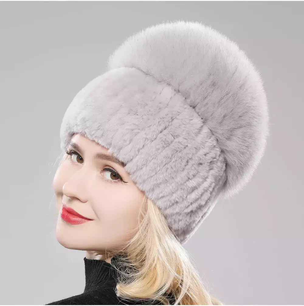 Real Genuine Fox Fur Gorros Chapéu para Mulheres, Pele de Coelho Rex Natural Boné de Caveira, Chapéus de malha para meninas, inverno, estilo russo, novo