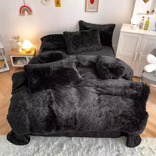 Conjunto de cama luxuoso preto macio, capa de edredão Shaggy, 2 fronhas, zíper, veludo macio, 3pcs