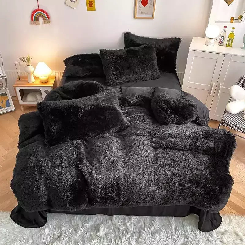 Conjunto de cama luxuoso preto macio, capa de edredão Shaggy, 2 fronhas, zíper, veludo macio, 3pcs