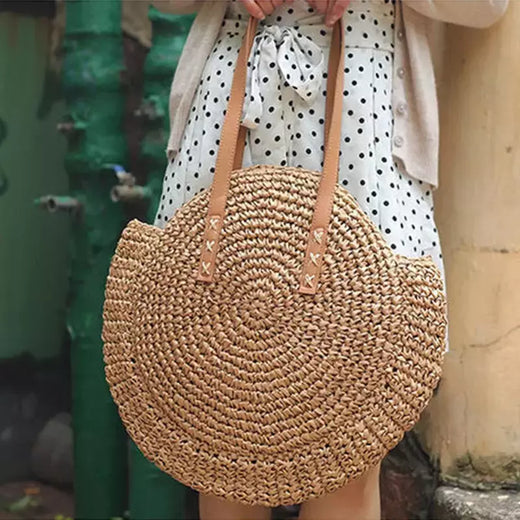 Bolsa de ombro redonda de palha de verão, bolsa de mão feminina de grande capacidade, artesanal, bolsas de praia de vime da moda, bolsa de mão, férias