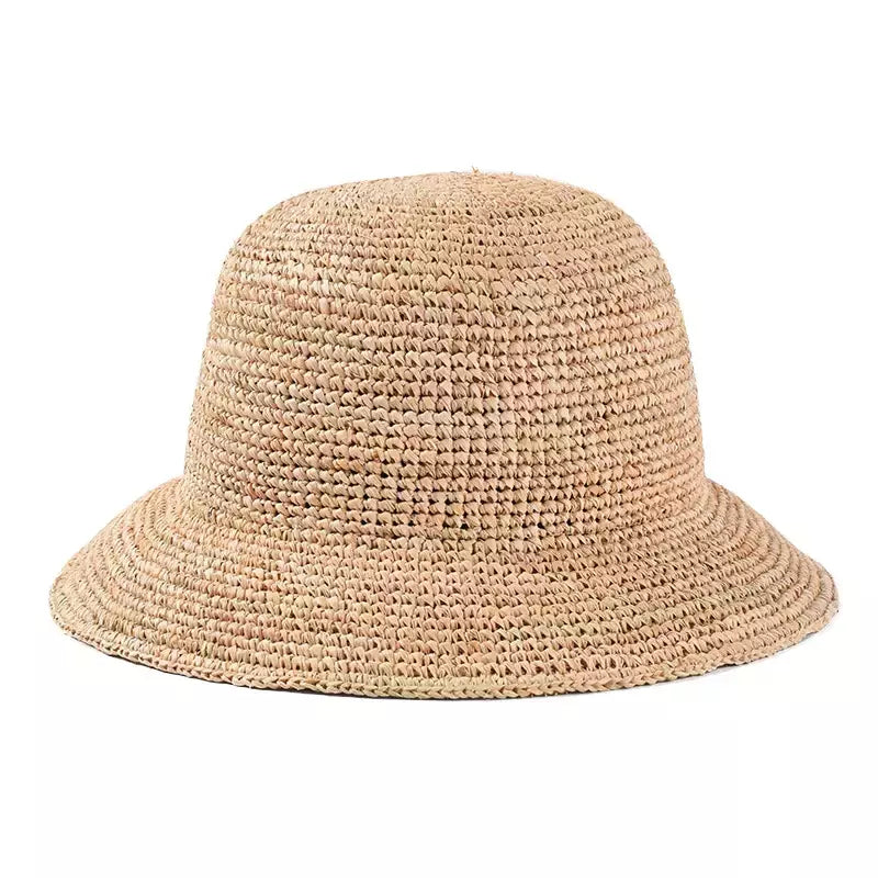 Natural Raffia Straw Bucket Hat para senhoras, crochê artesanal, Floppy Fisherman Caps, primavera, verão, praia