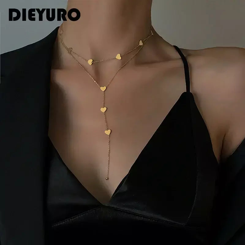 Dieyuro 316l aço inoxidável amor coração borla longo colar 2 camadas bela corrente de clavícula requintado lindo casamento feminino
