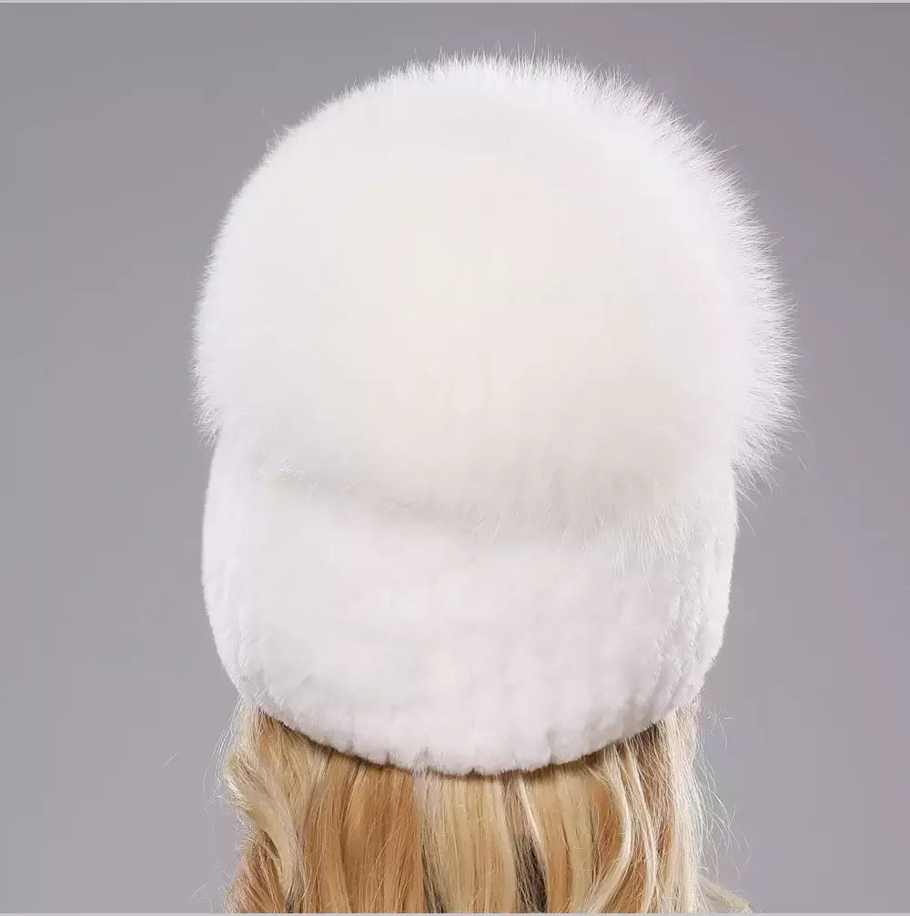 Real Genuine Fox Fur Gorros Chapéu para Mulheres, Pele de Coelho Rex Natural Boné de Caveira, Chapéus de malha para meninas, inverno, estilo russo, novo