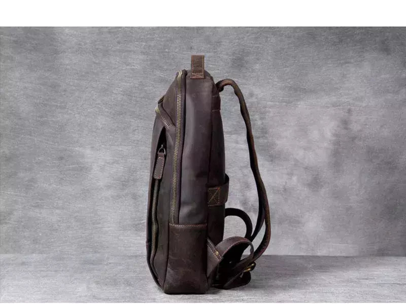 Mochila de couro genuíno para homens, cavalo louco vintage mochila para laptop grande mochila diária mochila de viagem mochila para caminhadas