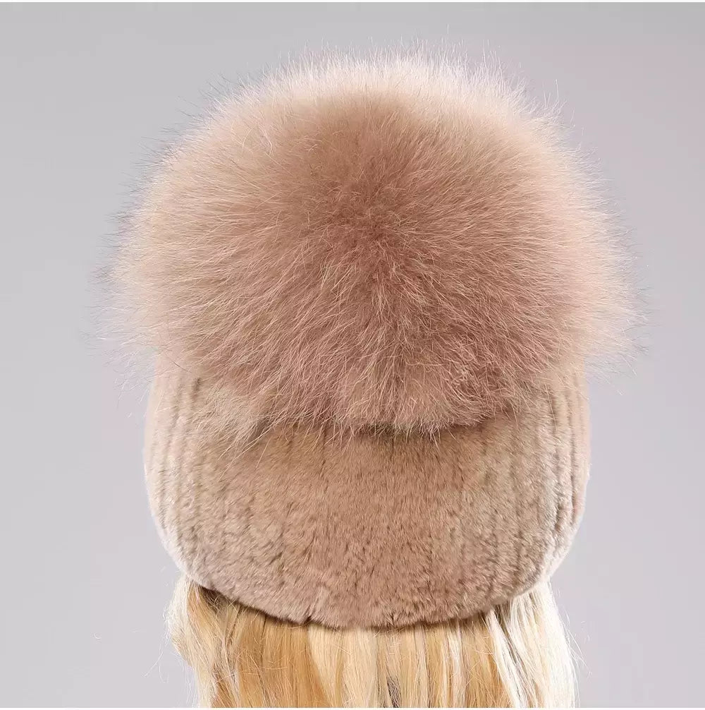 Real Genuine Fox Fur Gorros Chapéu para Mulheres, Pele de Coelho Rex Natural Boné de Caveira, Chapéus de malha para meninas, inverno, estilo russo, novo