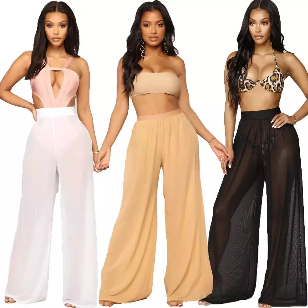 Mulheres Ver Através Boho Perna Larga Calças de Cintura Alta, Praia Longa Solta Malha Calças Pura, Bikini Bottom Cover-Up Beachwear