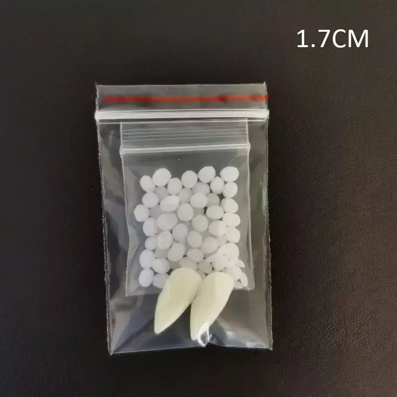 1 par de dentes de vampiro, presas, adereços para dentaduras, fantasia de halloween, dentes falsos, cola sólida, adesivo para dentadura, decoração de festa de halloween