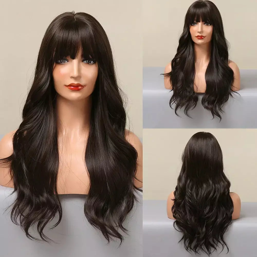 Louis ferre longo ombre loira perucas sintéticas com franja para mulheres onda natural penteado fibra resistente ao calor cosplay perucas marrons